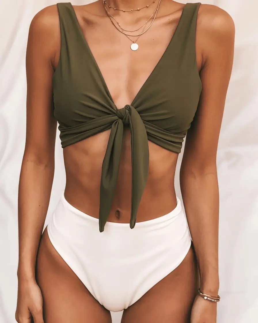best cute summer swimsuits outfits ideas 2026 Olive Tie Front Top With Clean White Bottoms