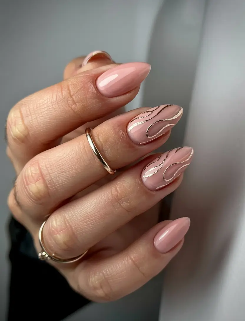 best summer nail inspo 2026 nude almond gold line nails