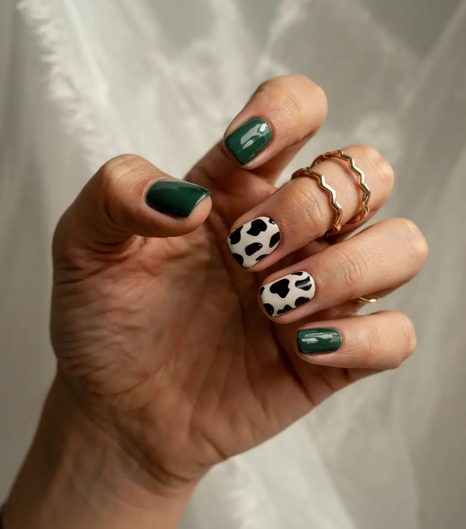 best summer nail inspo 2026 green cow print nails