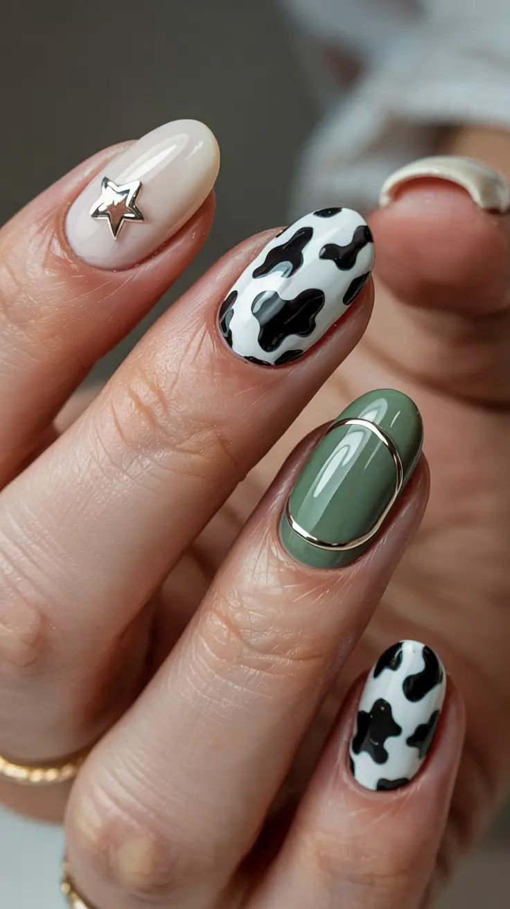 best summer nail inspo 2026 cow print olive green design