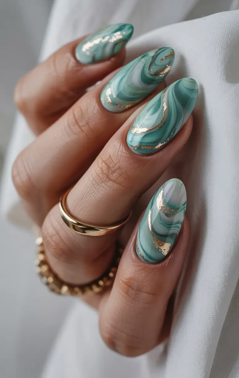 best summer nail inspo 2026 green marble gold foil nails