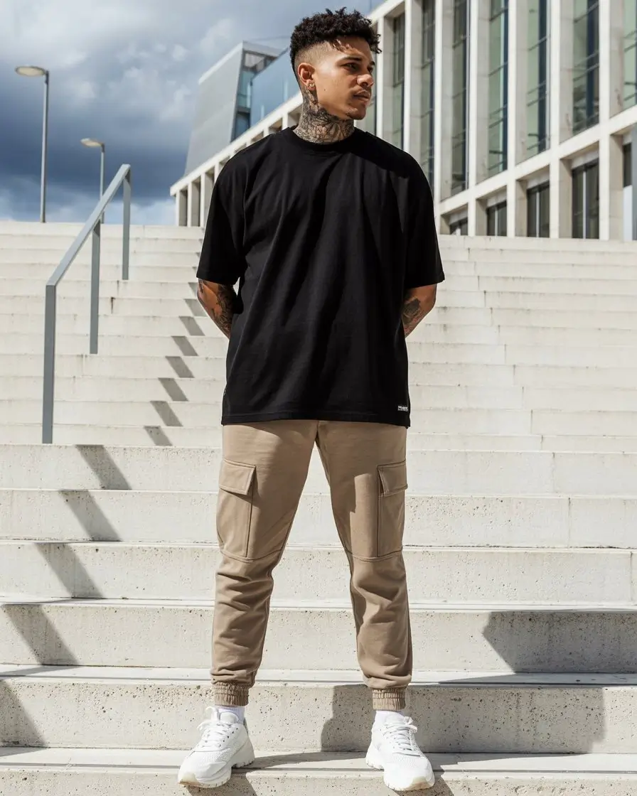 casual summer outfits men 2026 Sharp streetwear contrast with relaxed structure