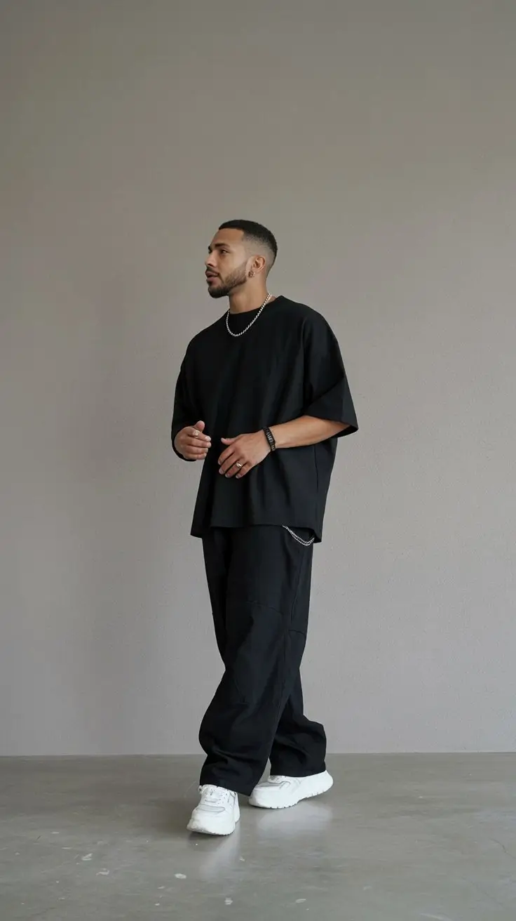 casual summer outfits men 2026 All black oversized streetwear with clean edge