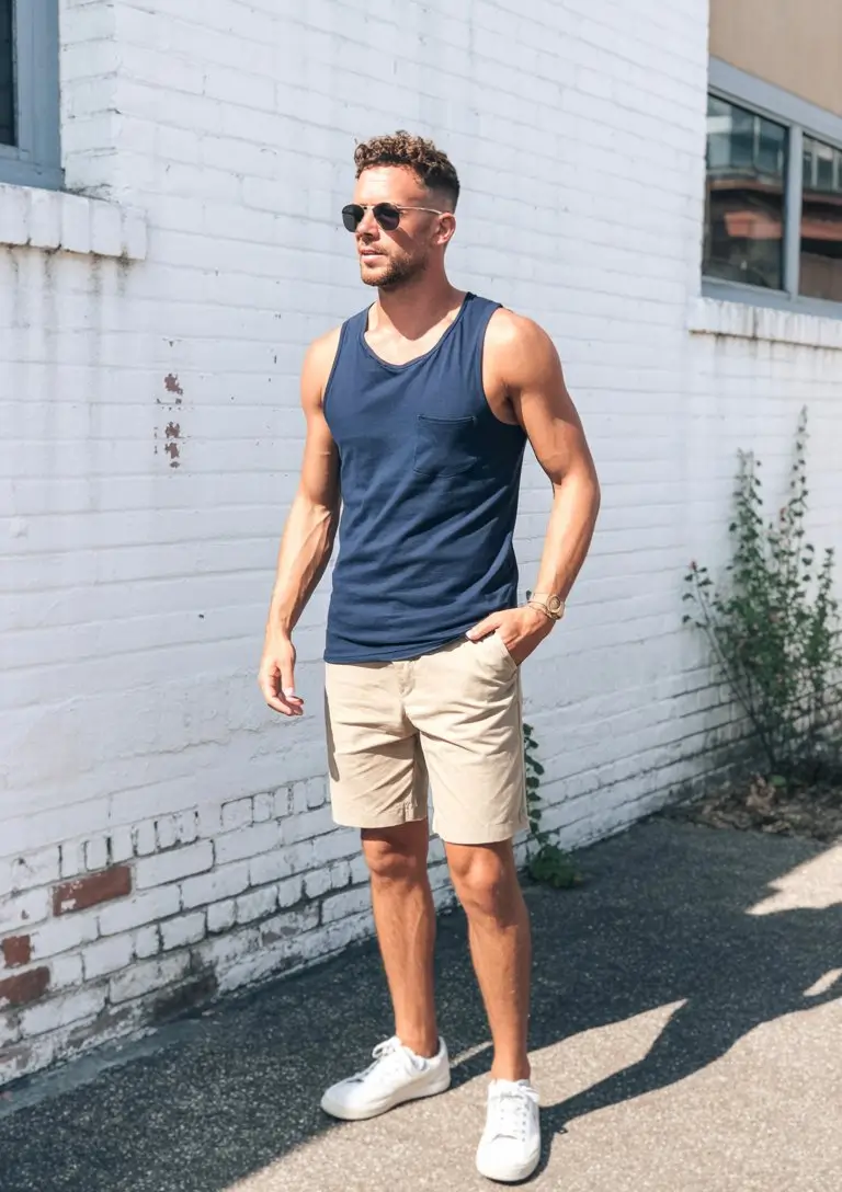 casual summer outfits men 2026 Clean athletic minimalism for hot city days