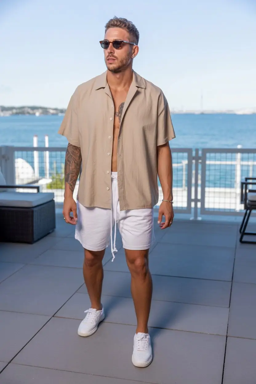 casual summer outfits men 2026 Relaxed beach tailoring with effortless confidence