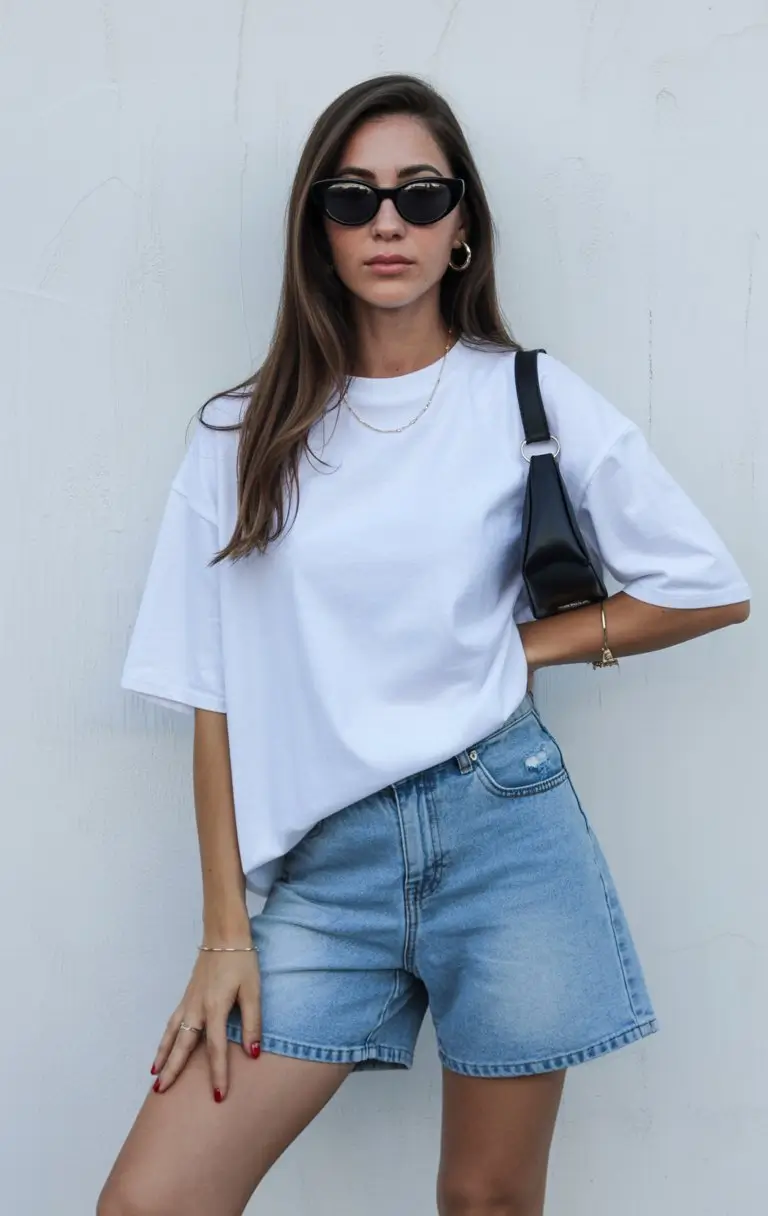 chic summer fashion outfits 2026 Clean white tee with denim shorts timeless minimal look