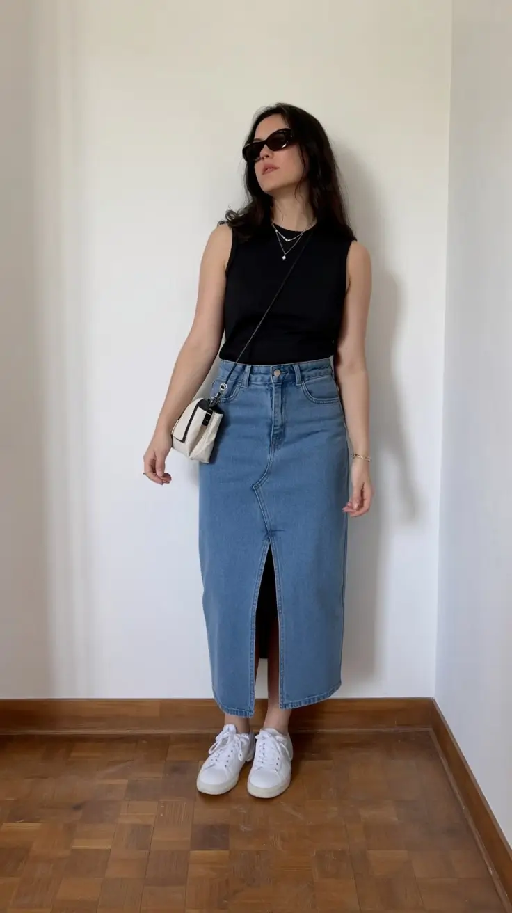 chic summer fashion outfits 2026 Black tank and denim midi skirt modern casual balance
