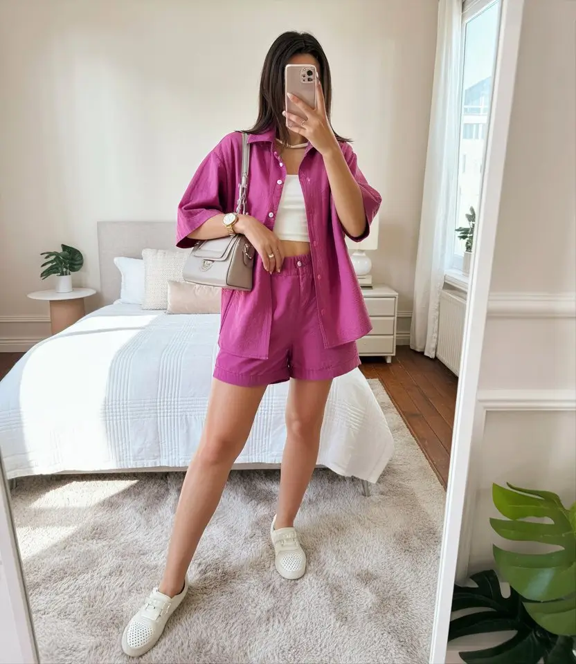 chic summer fashion outfits 2026 Bold pink co ord set with playful summer statement