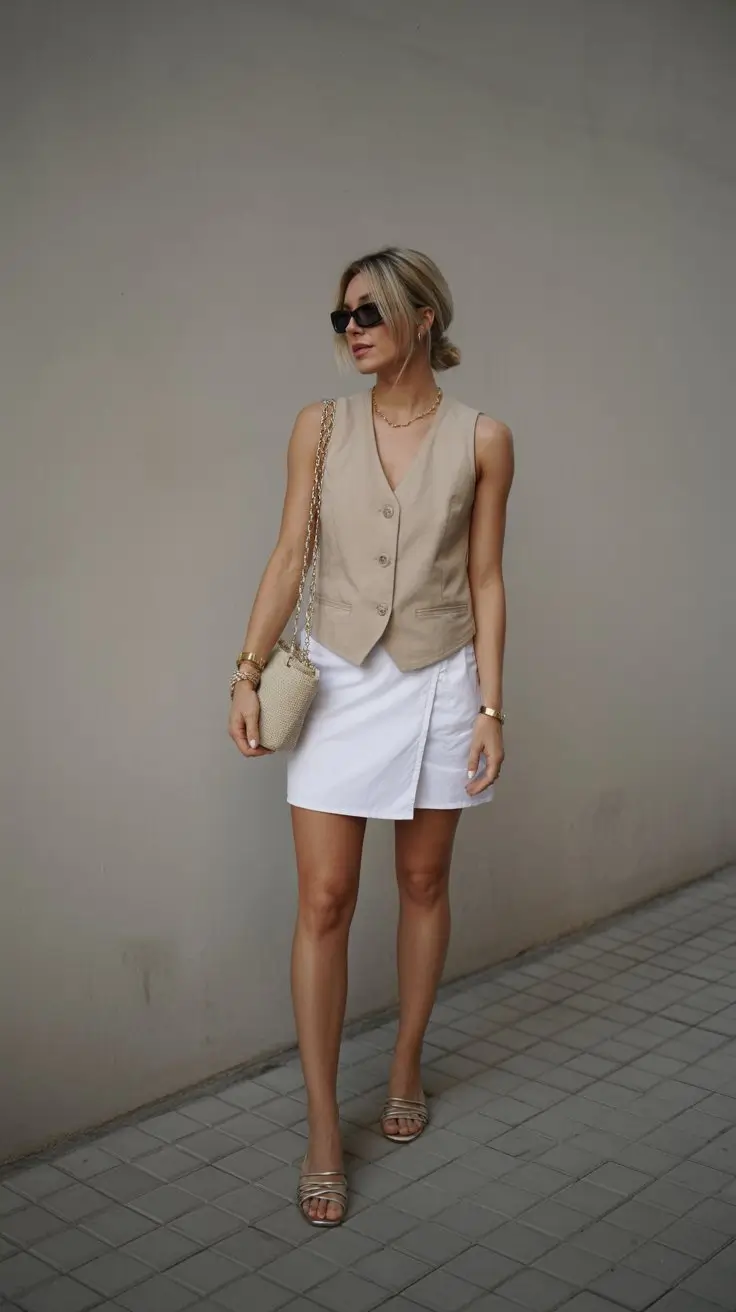 chic summer fashion outfits 2026 Neutral vest and white mini skirt polished summer balance