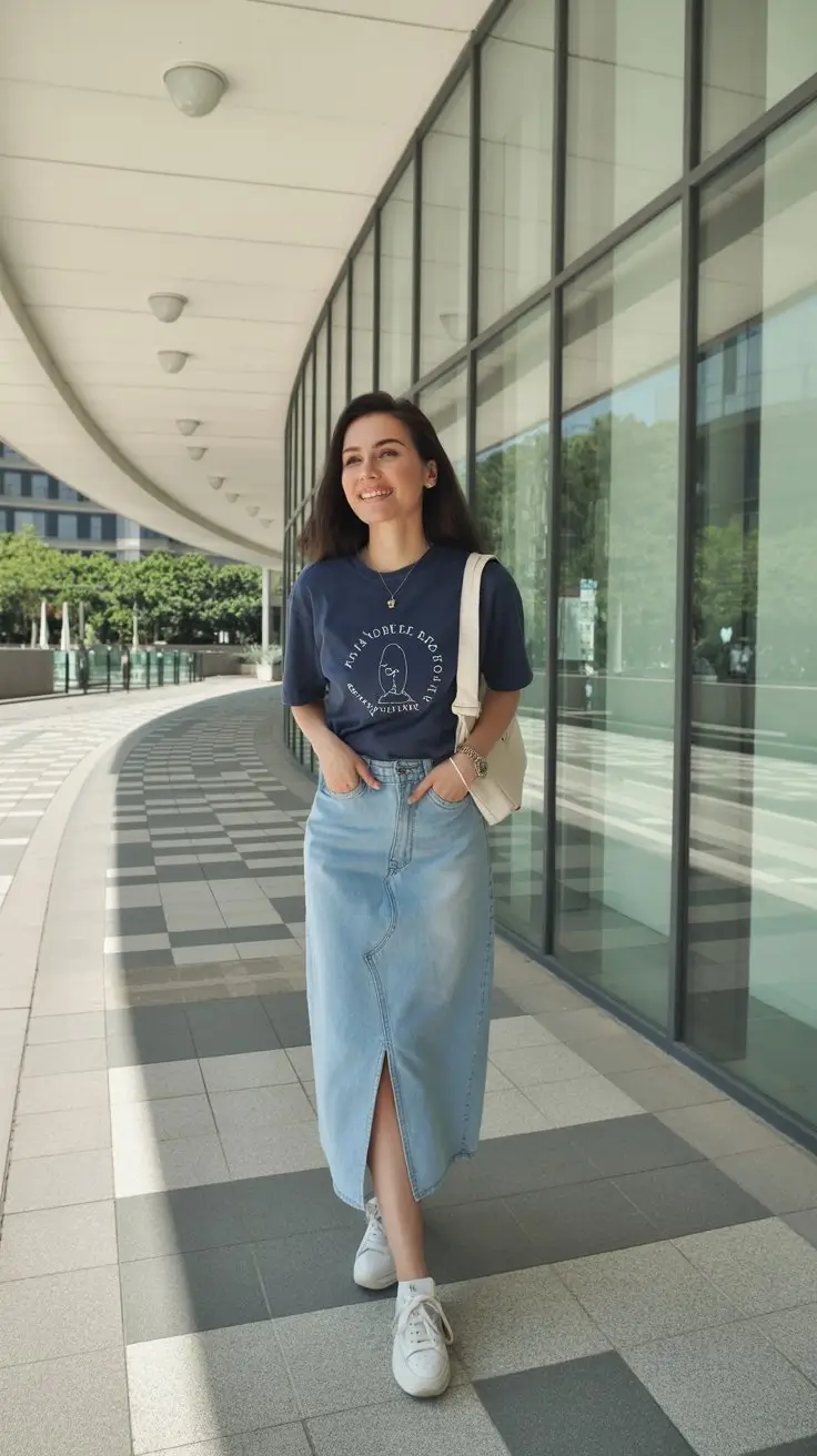 chic summer fashion outfits 2026 Denim maxi skirt and graphic tee modern classic