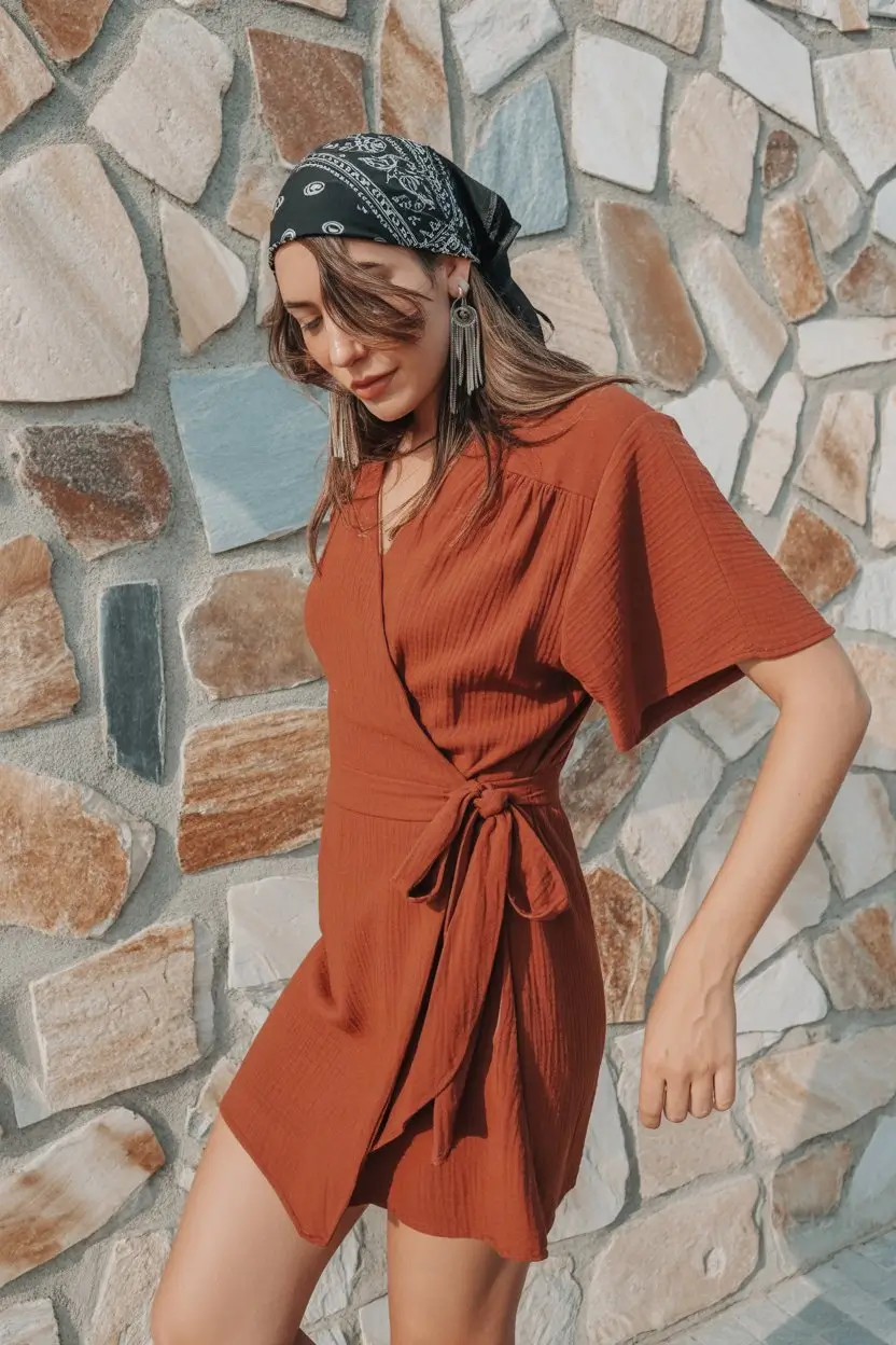 chic summer fashion outfits 2026 Bohemian wrap dress with earthy summer mood