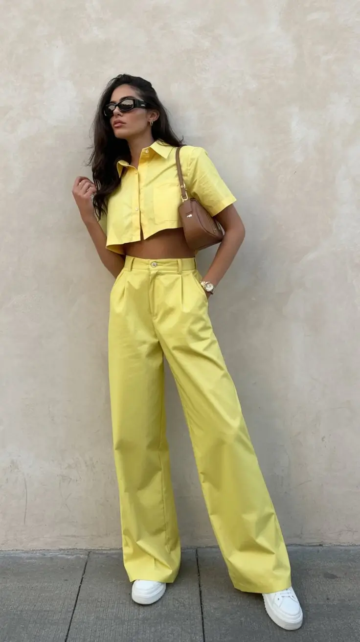 chic summer fashion outfits 2026 Bold yellow set with confident tailored energy