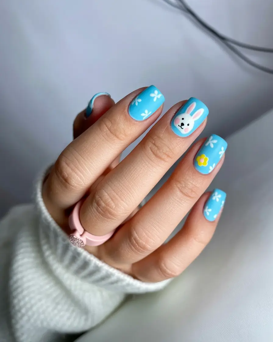 cute easter nail art ideas Playful Blue Bunny Nails with Cute Easter Characters