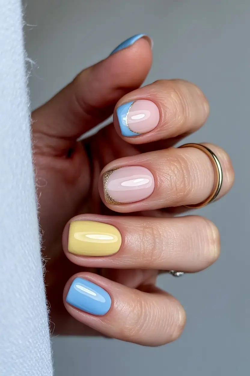 cute easter nail art ideas Pretty Pastel Color Block Nails with Delicate Gold Lines
