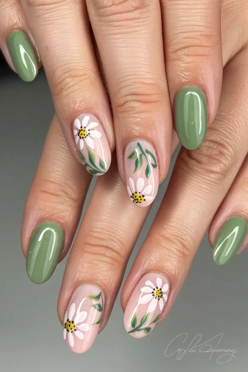 cute easter nail art ideas Fresh Daisy Spring Nails with Soft Green Elegance