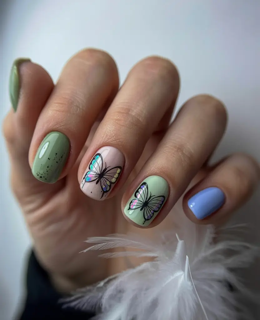 cute easter nail art ideas Butterfly Accent Nails with Soft Spring Colors