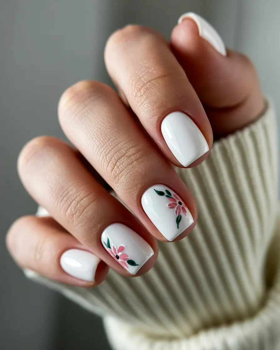 cute easter nail art ideas Minimal White Spring Nails with Tiny Floral Accents