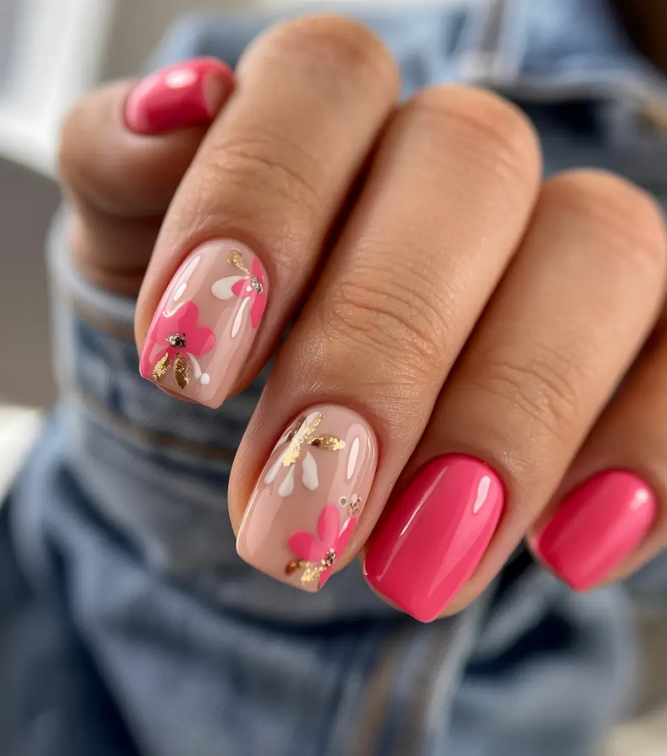 cute easter nail art ideas Bright Pink Floral Nails with Golden Spring Details