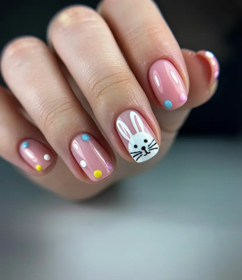cute easter nail art ideas Adorable Bunny Accent Nails with Pastel Easter Dots