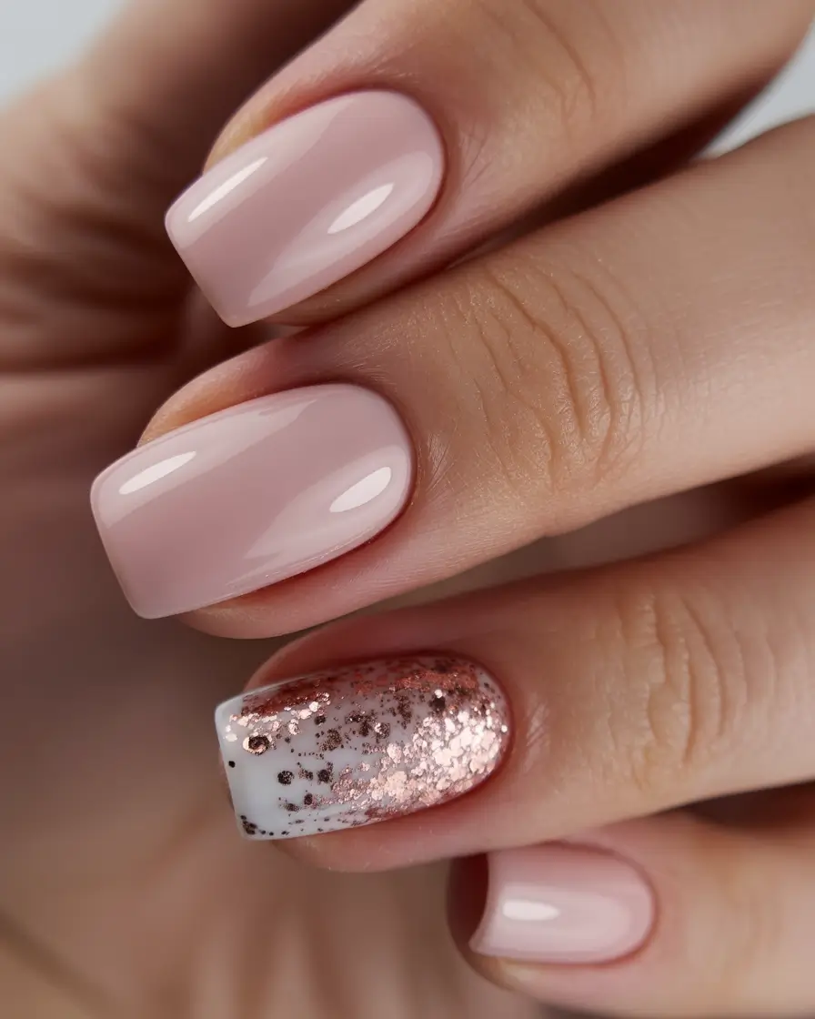 cute easter nail art ideas Soft Nude Easter Nails with Rose Gold Glitter Accent