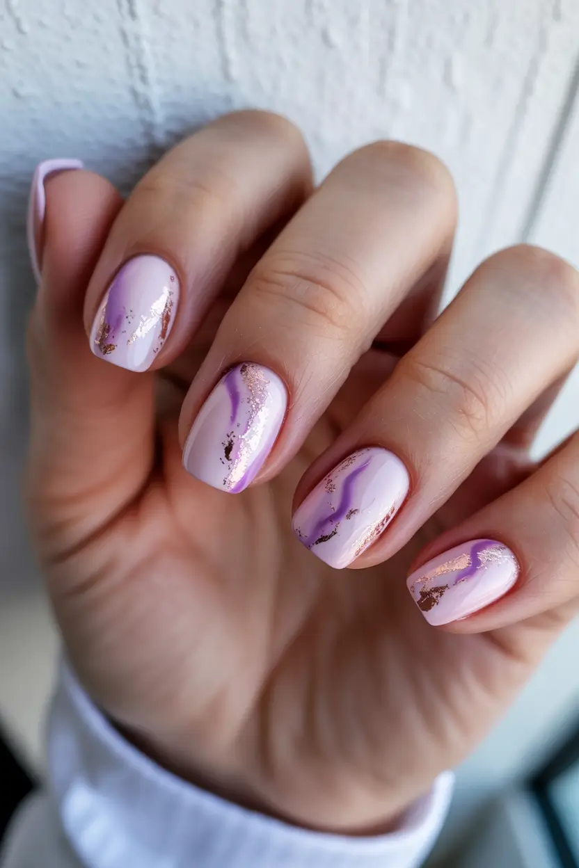 cute easter nail art ideas Lavender Marble Nails with Gold Spring Accents