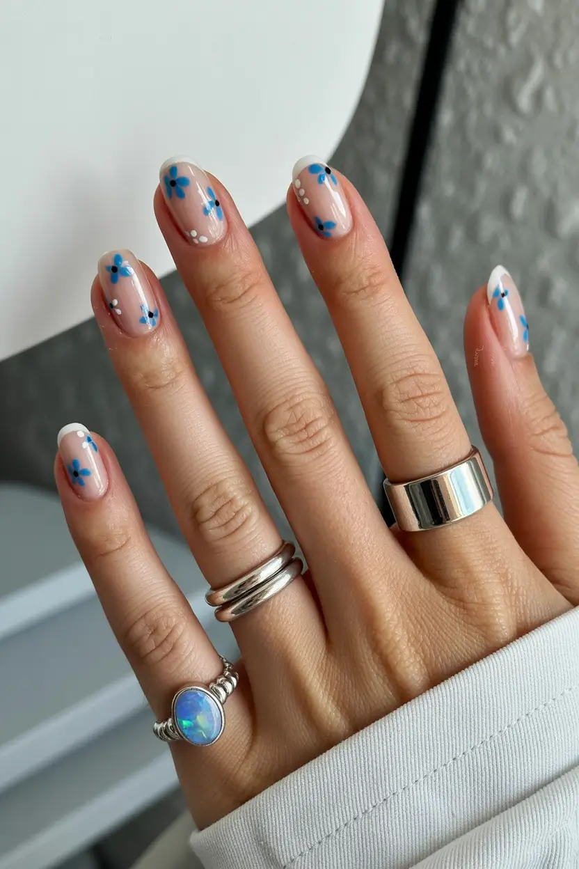 cute easter nail art ideas Minimal Blue Floral Spring Nails for Short Lengths