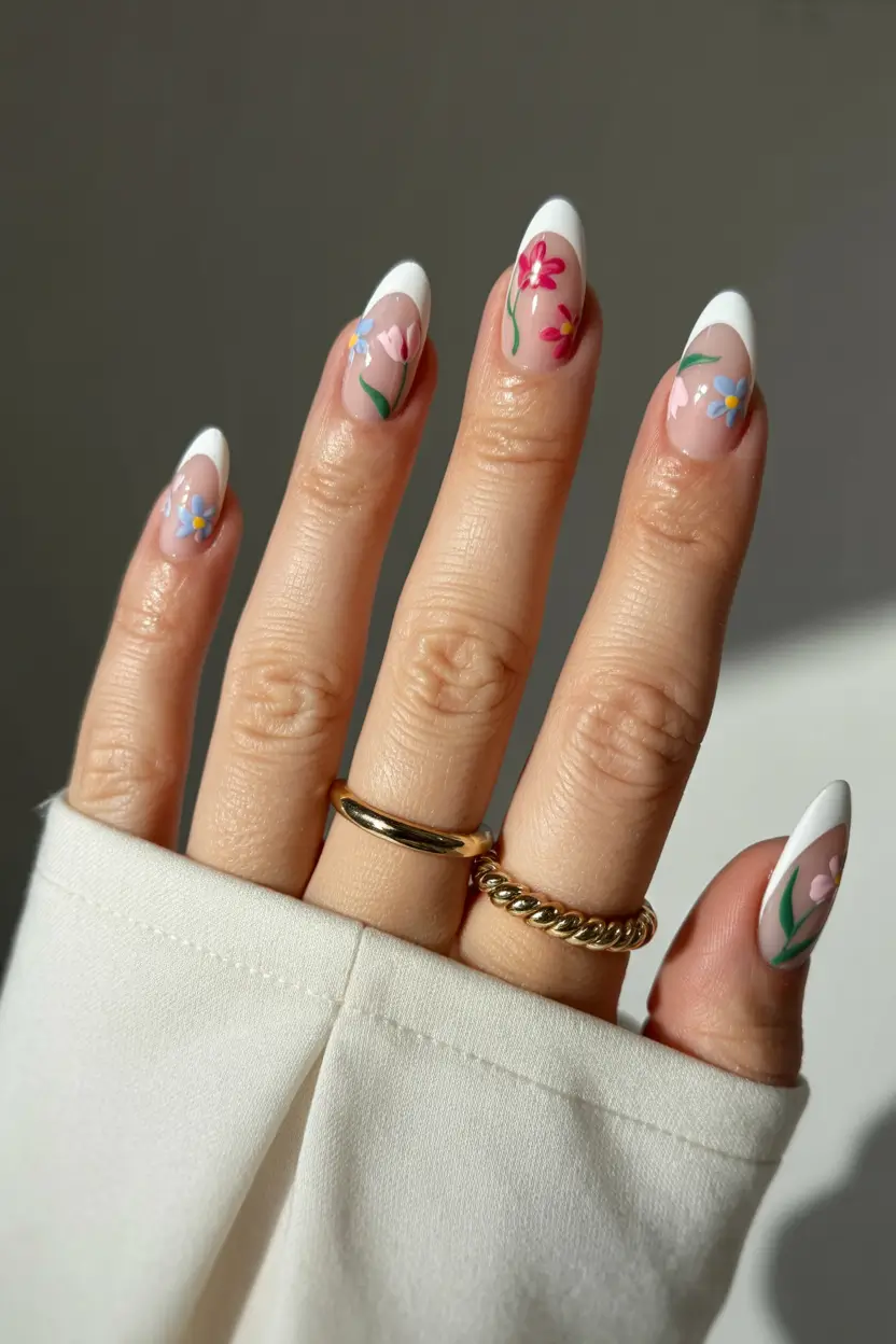 cute easter nail art ideas Delicate Floral French Tips for a Soft Spring Mood