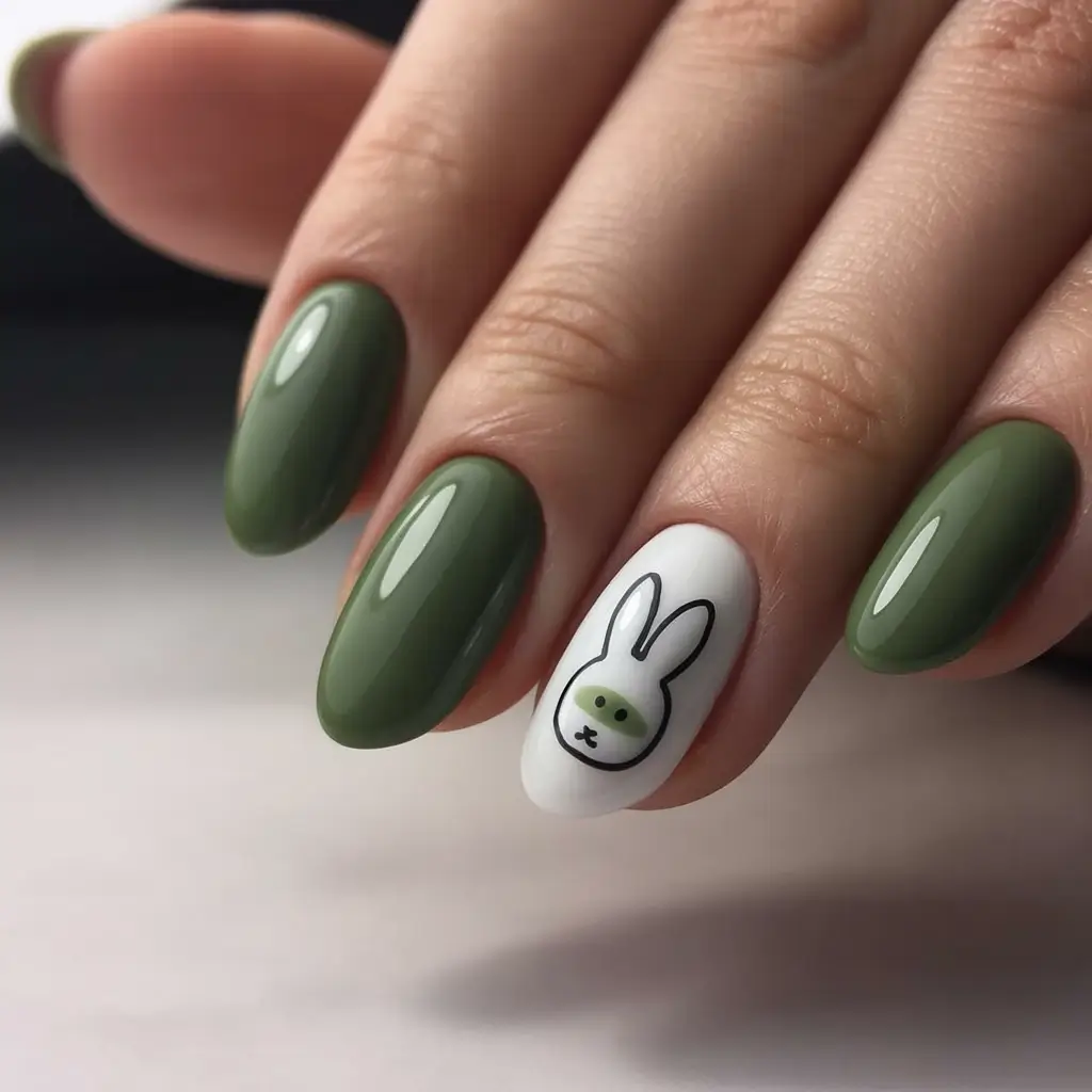 cute easter nail art ideas Minimal Olive Green Easter Bunny Accent Nails