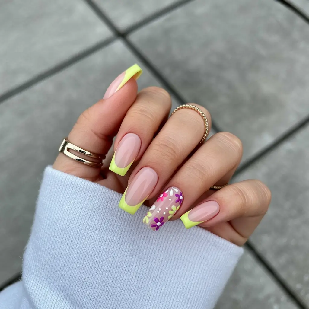 cute easter nail art ideas Bright Lemon French Tips with Spring Floral Accent