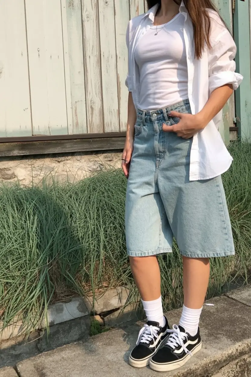 cute summer outfits for teens 2026 layered white shirt and denim shorts casual cool