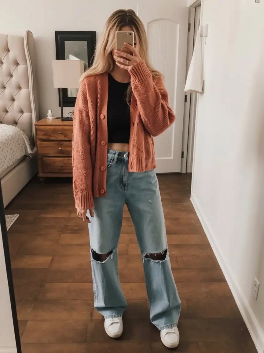 cute summer outfits for teens 2026 cozy cardigan and ripped jeans soft summer layering