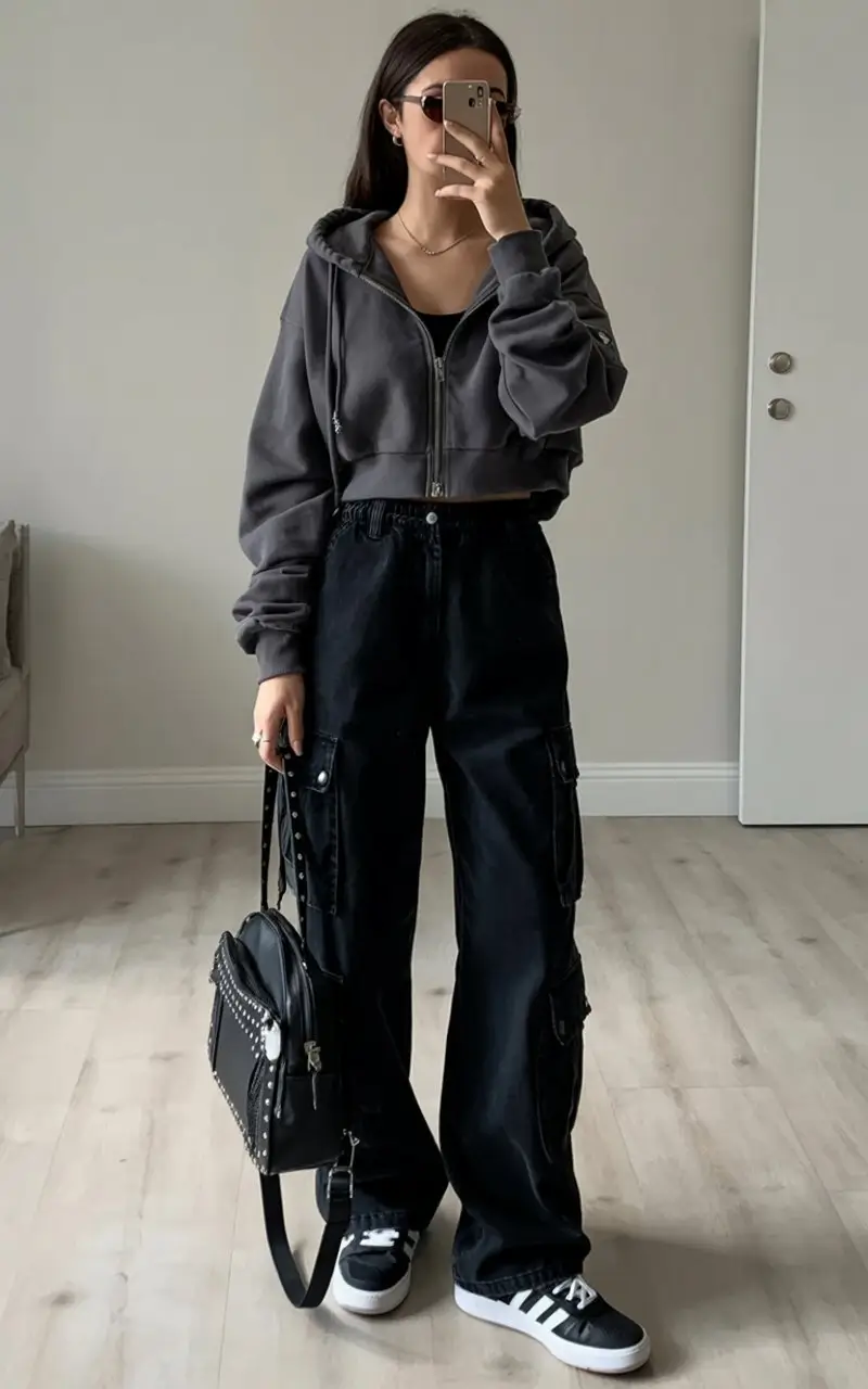 cute summer outfits for teens 2026 all black sporty outfit with cropped hoodie attitude