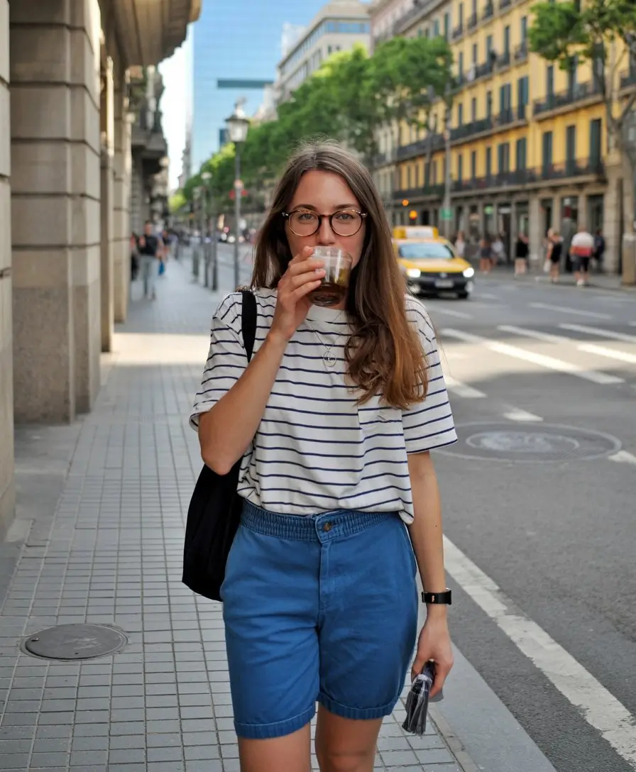 cute summer outfits for teens 2026 striped tee and blue shorts relaxed city look