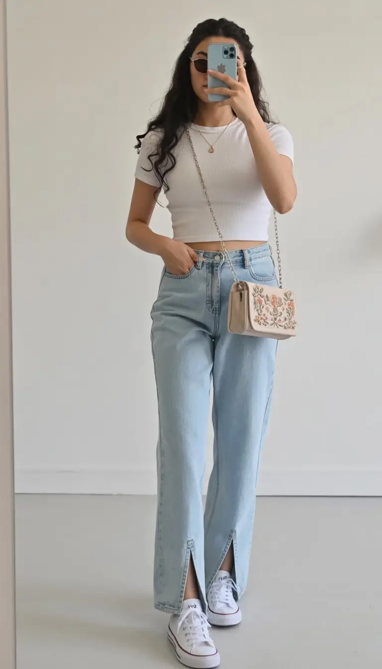 cute summer outfits for teens 2026 clean girl denim and white tee aesthetic