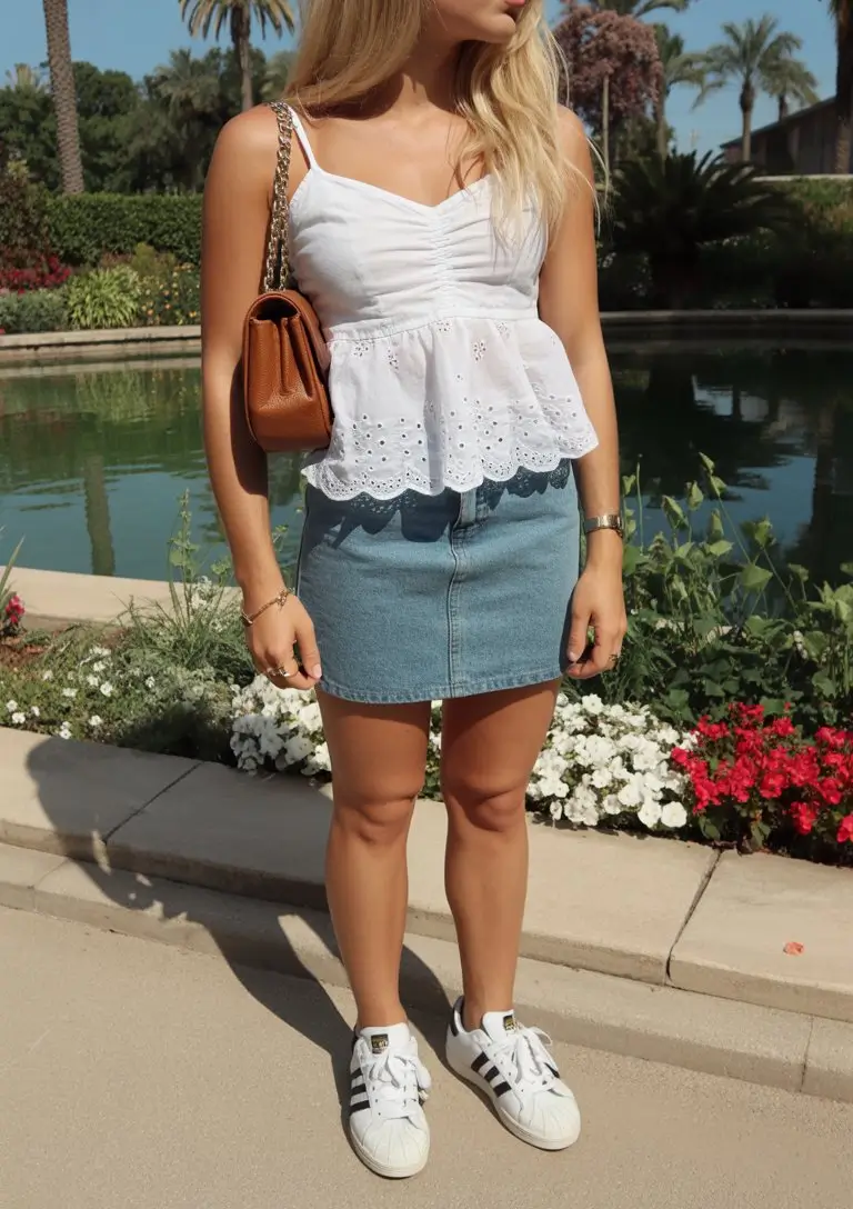 cute summer outfits for teens 2026 feminine white top and denim skirt classic summer combo