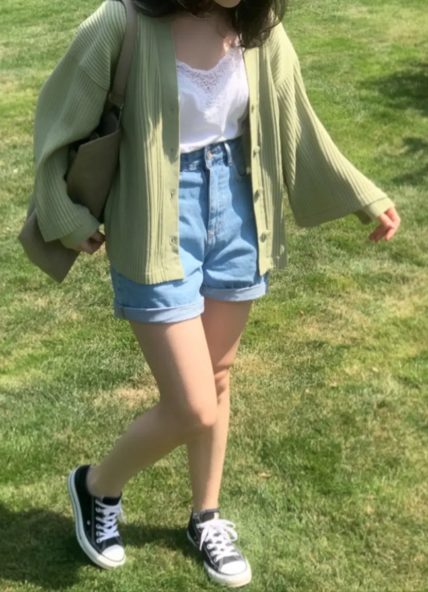 cute summer outfits for teens 2026 green cardigan and denim shorts relaxed comfy vibe
