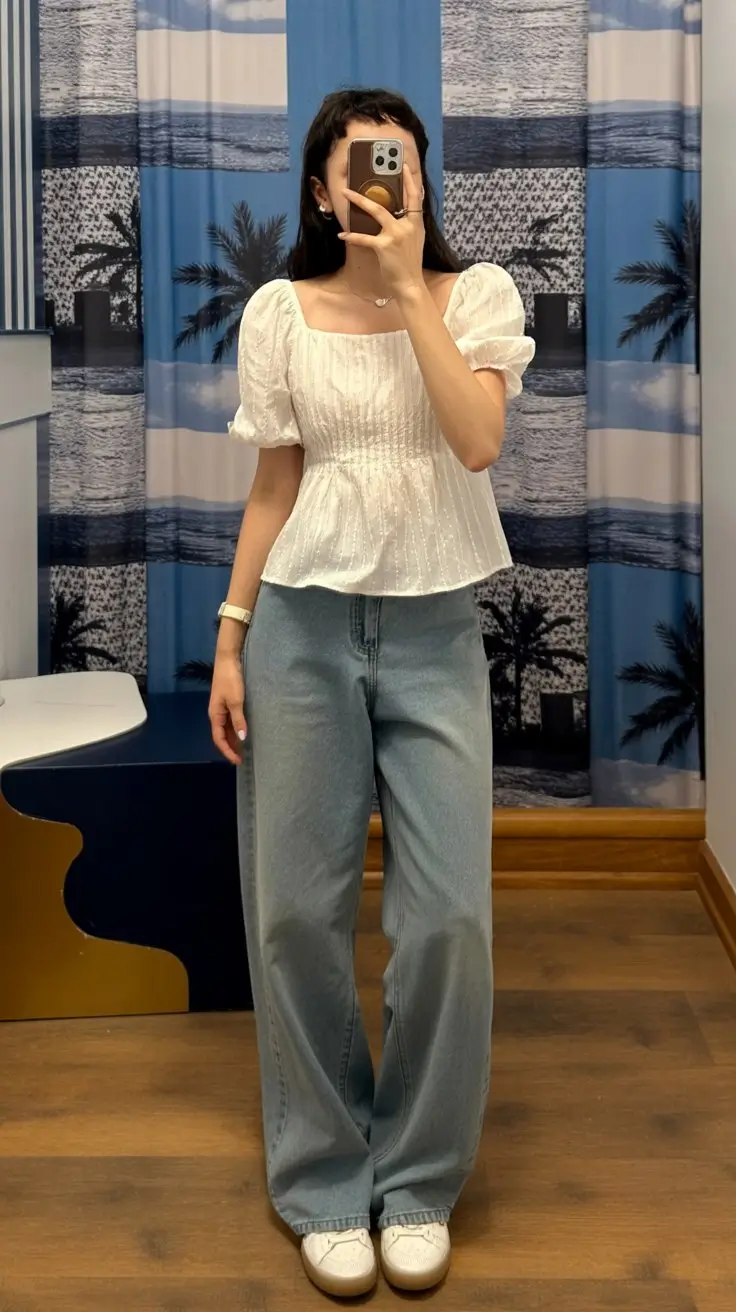 cute summer outfits for teens 2026 soft feminine blouse with wide leg jeans balance