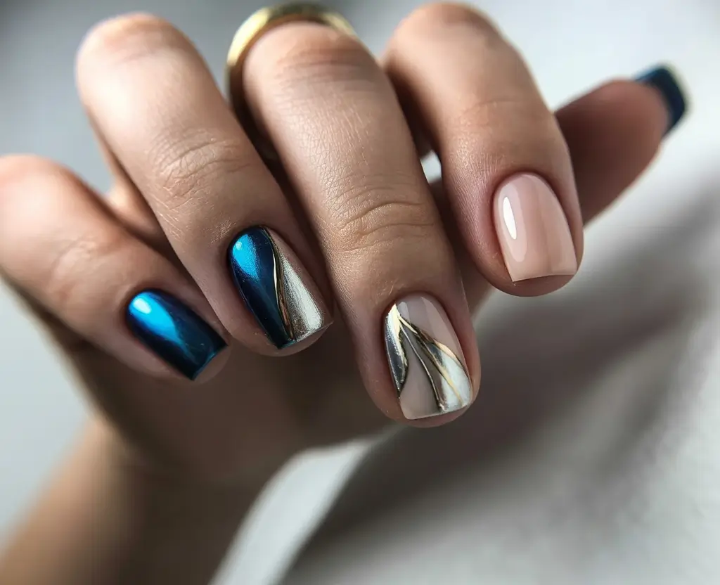 easter nails color ideas 2026 Deep blue chrome manicure with elegant metallic accents