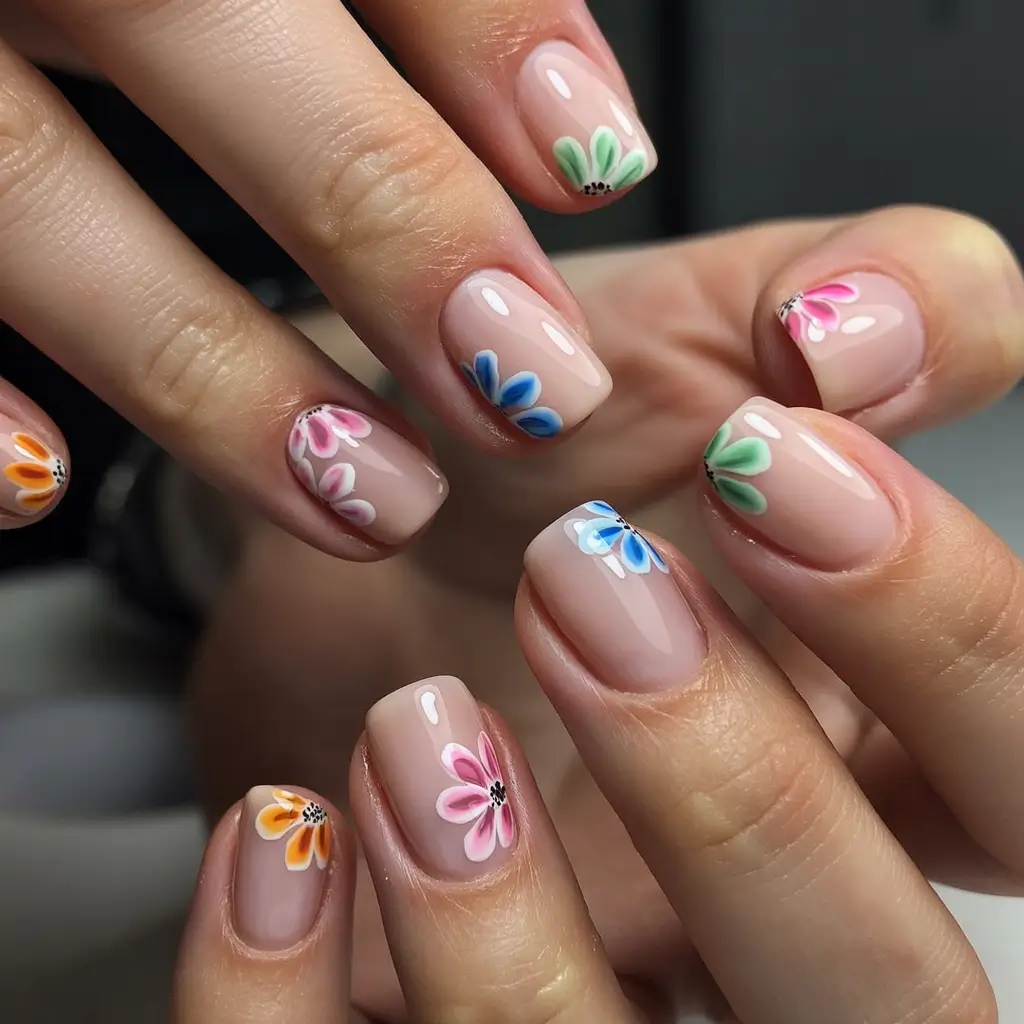 easter nails color ideas 2026 Colorful spring flower manicure on soft nude nails