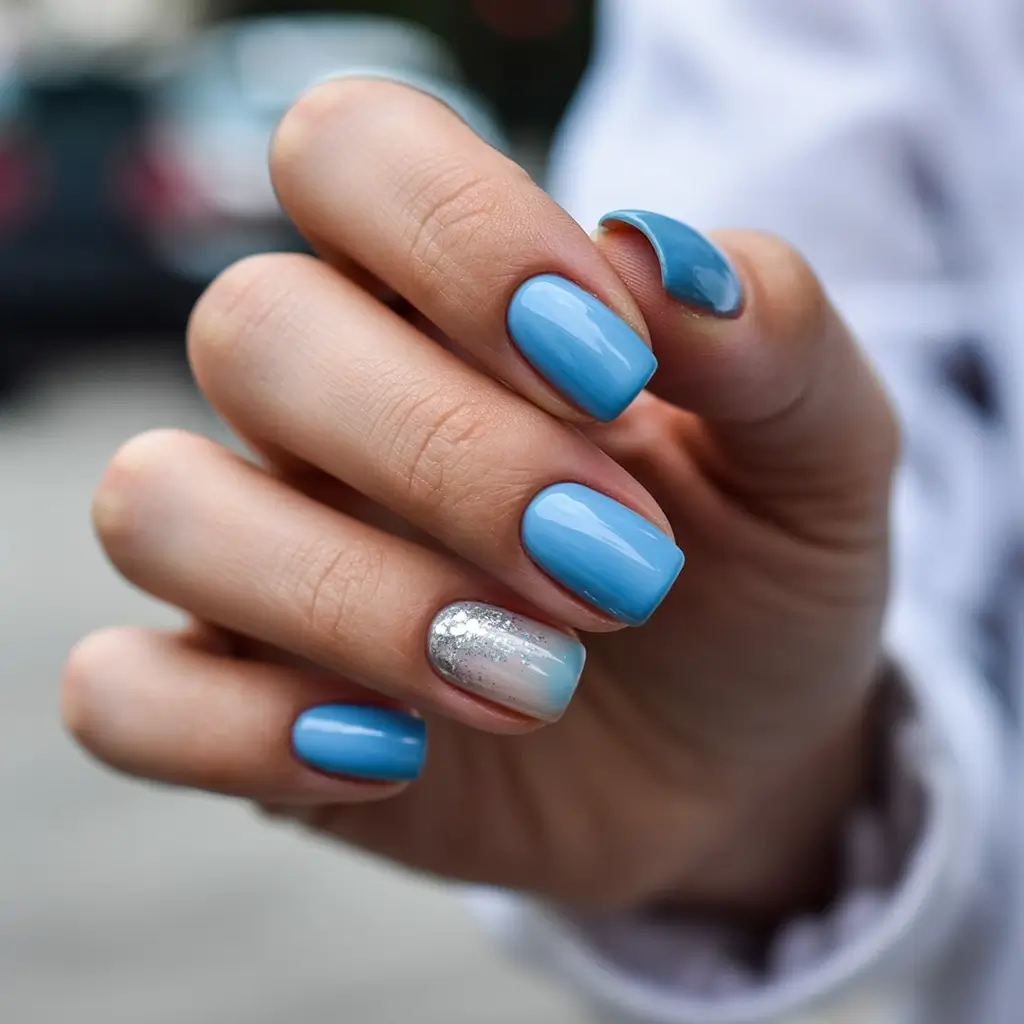 easter nails color ideas 2026 Fresh blue spring nails with subtle glitter accent