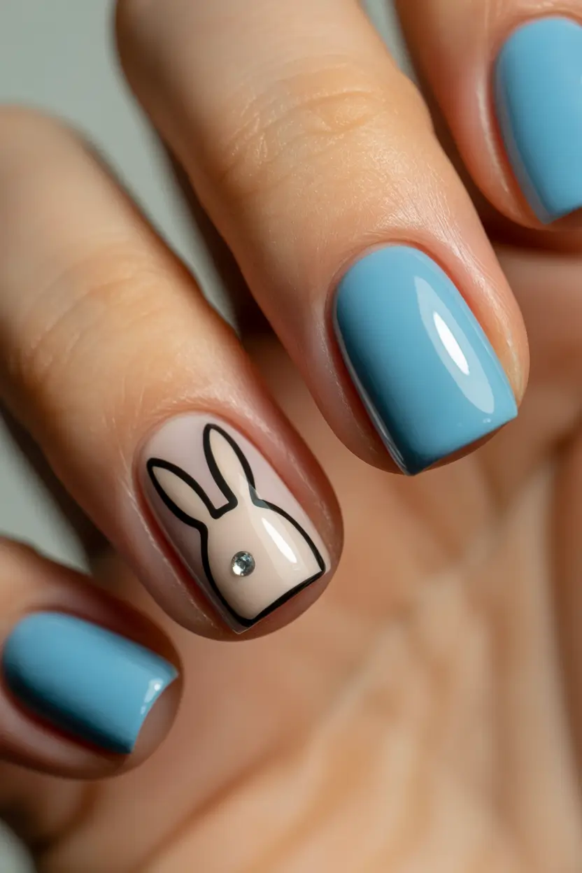easter nails color ideas 2026 Soft blue easter bunny manicure for a cute holiday touch