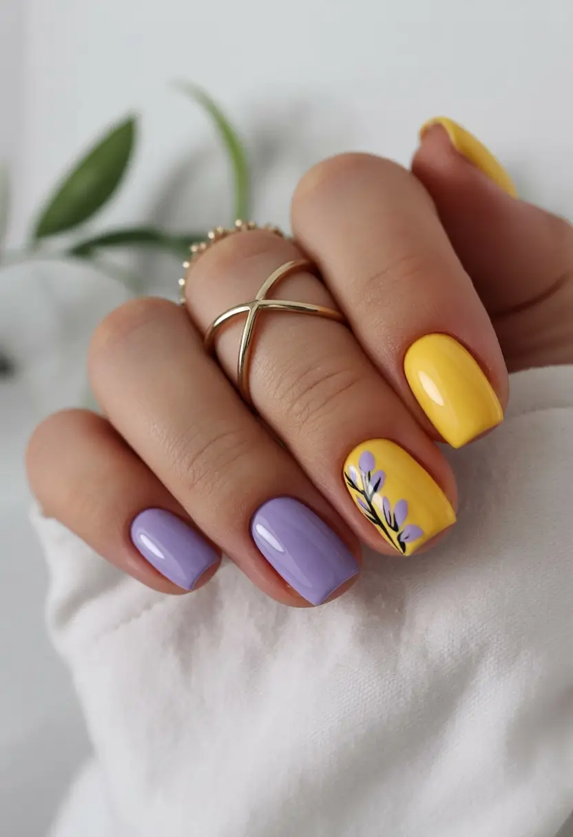 easter nails color ideas 2026 Lavender and yellow spring manicure with delicate botanical art