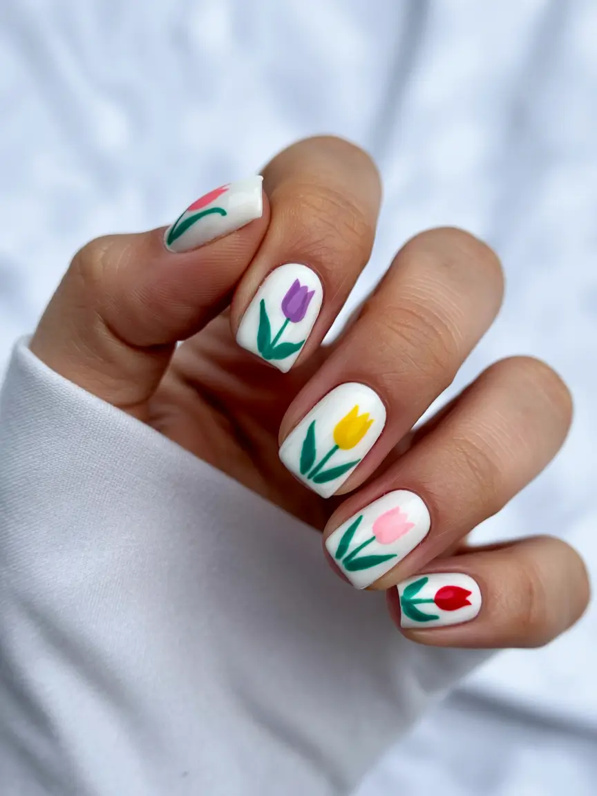 easter nails color ideas 2026 Minimal tulip nail art for cheerful easter inspired pastel nails