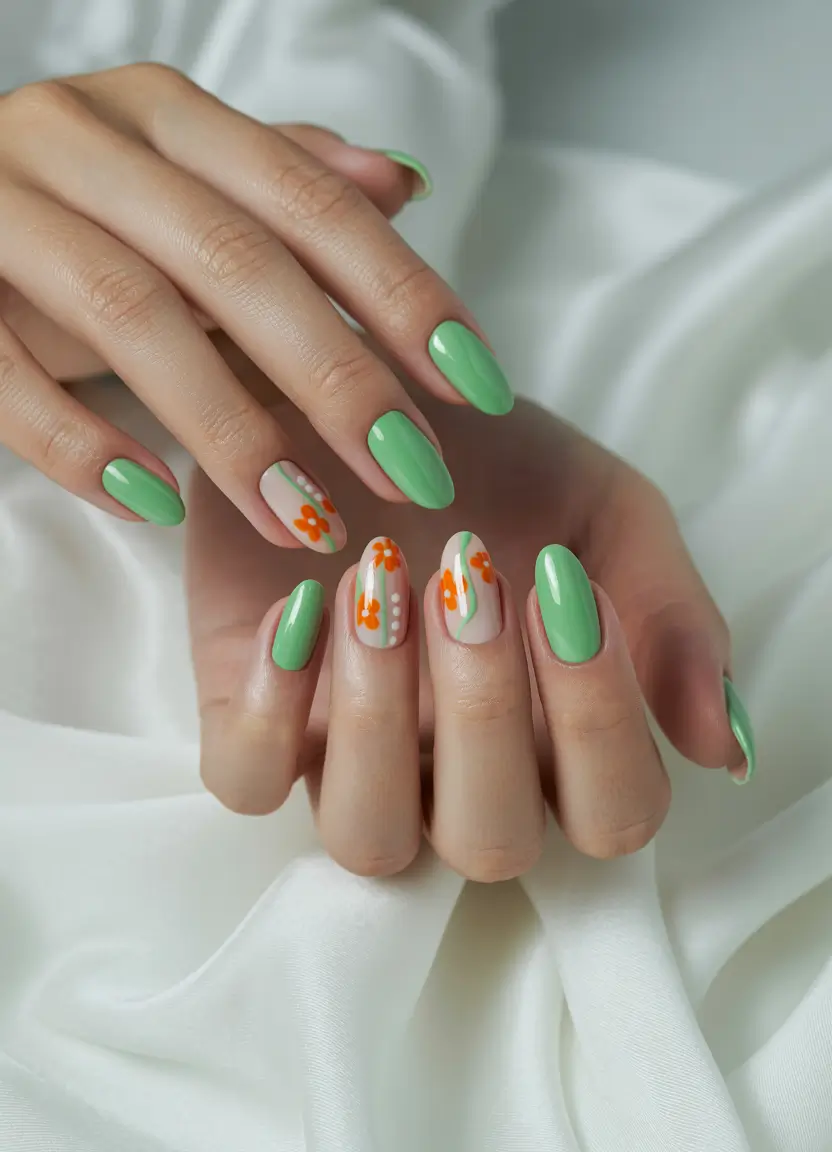 easter nails color ideas 2026 Fresh green spring manicure with tiny floral accents