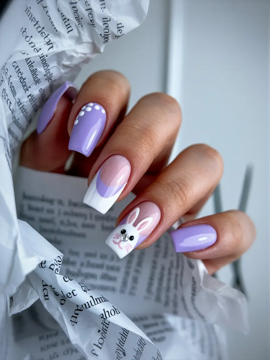easter nails color ideas 2026 Lavender easter bunny nails with playful pastel charm
