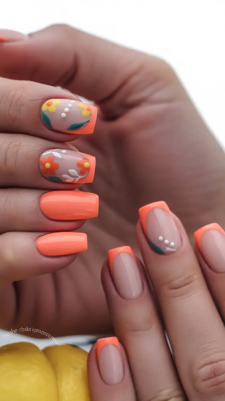 easter nails color ideas 2026 Bright coral spring manicure with floral easter accents