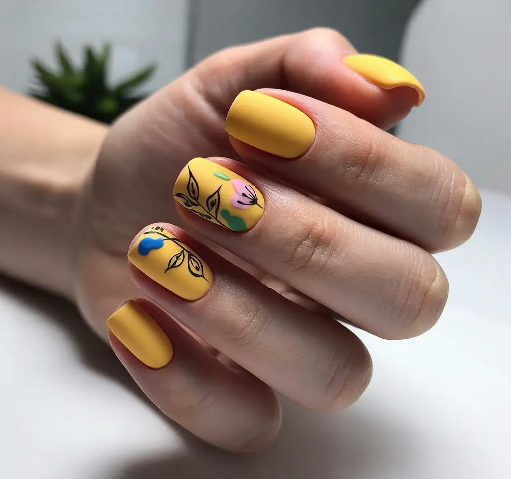 easter nails color ideas 2026 Sunny yellow spring nails with delicate botanical artwork