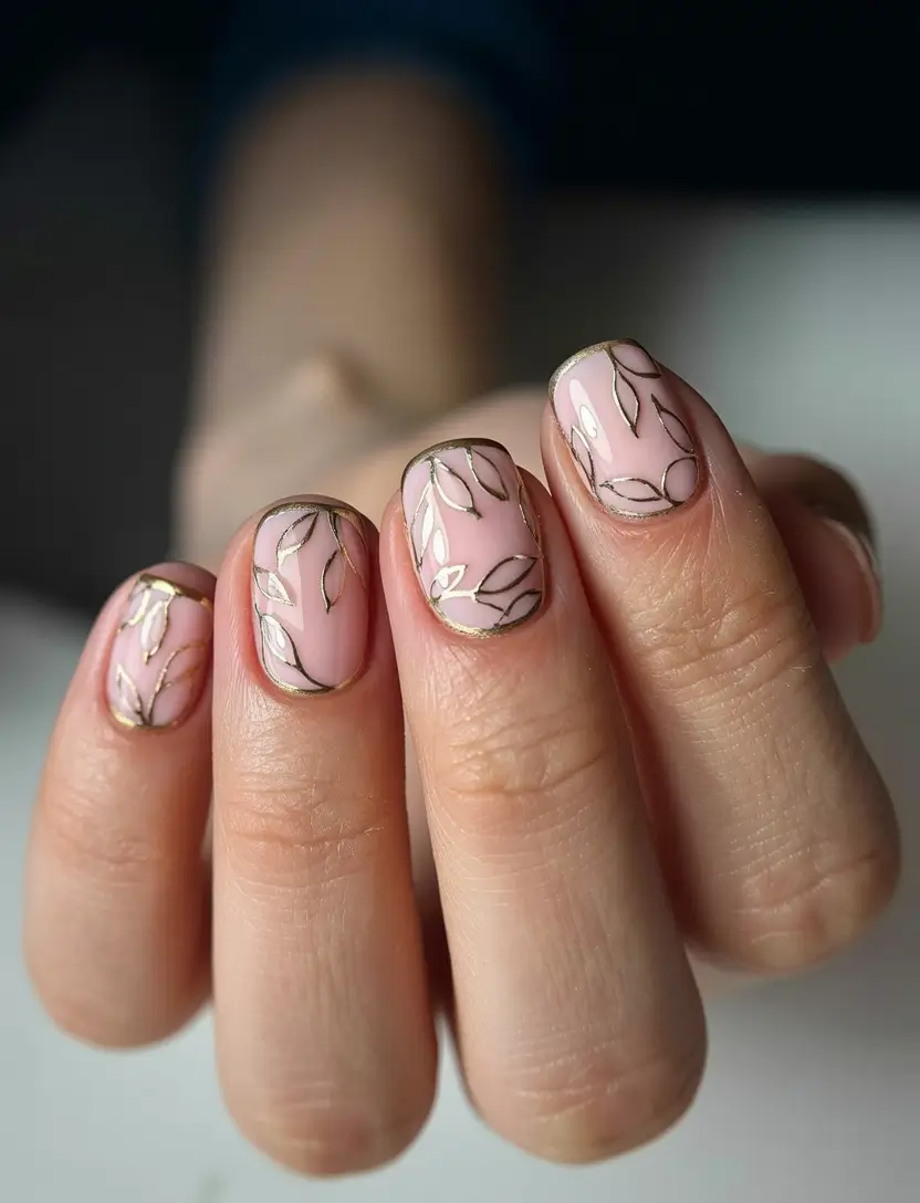 easter nails color ideas 2026 Elegant neutral pink nails with delicate gold leaf accents