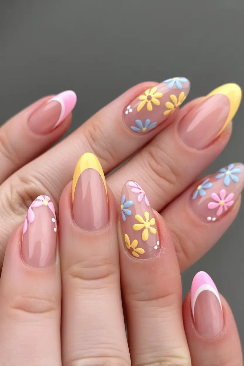 easter nails ideas 2026 Pastel Daisy French Almond Nails for Spring
