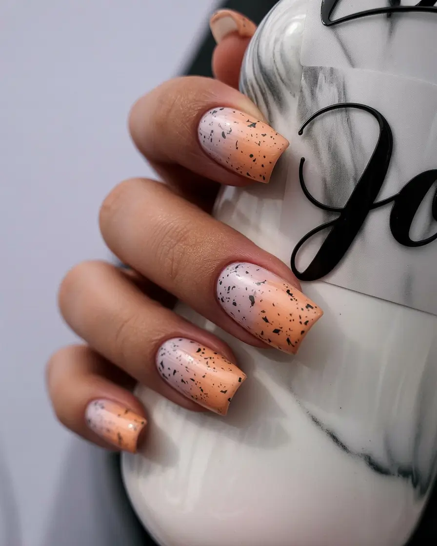 easter nails ideas 2026 Peach Speckled Square Easter Nails